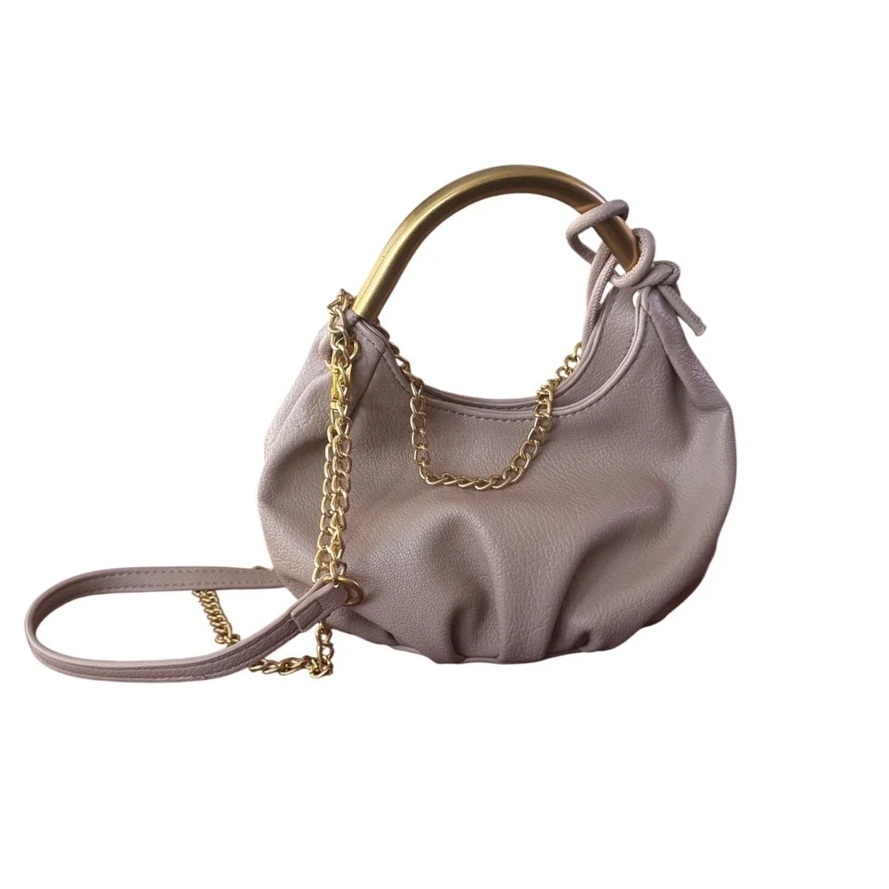 Antik Kraft Taupe Vegan Leather Hobo‎ Bag Gold Metal Handle Crossbody EUC 5x7x4